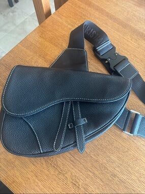 Black Leather Saddle Crossbody Sling Bag - Designer Style